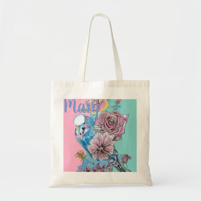 Blue Budgie Budgies Ro Flower blommigt Tote Bag Tygkasse (Framsidan)