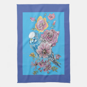 Blue Budgie Cute Whimsical Navy Blue blommigt Tea Kökshandduk