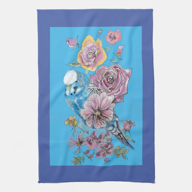 Blue Budgie Cute Whimsical Navy Blue blommigt Tea Kökshandduk (Vertikal)