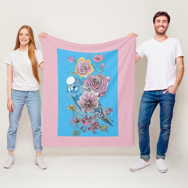 Blue Budgie Cute Whimsical Rosa Blue Girls Baby Bl Fleecefilt (På plats)