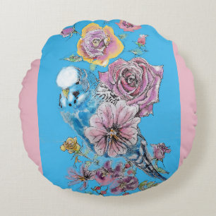 Blue Budgie Cute Whimsical Rosa Blue Girls Baby Rund Kudde