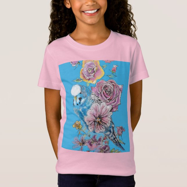 Blue Budgie Cute Whimsical Rosa Blue Girls T Shirt (Framsida)