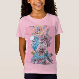 Blue Budgie Cute Whimsical Rosa Girls T Shirt