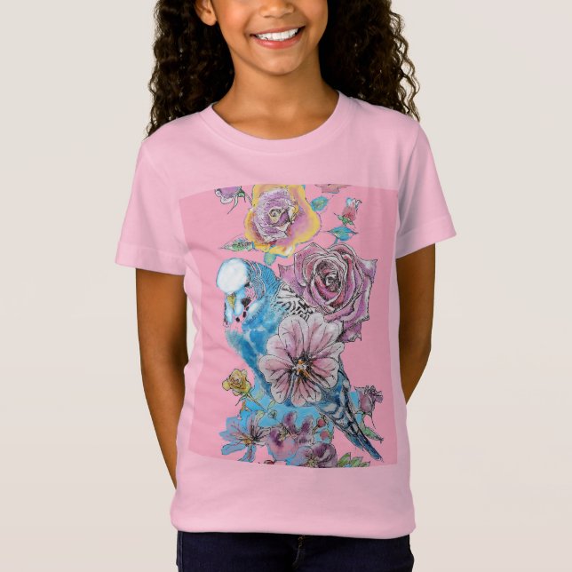 Blue Budgie Cute Whimsical Rosa Girls T Shirt (Framsida)