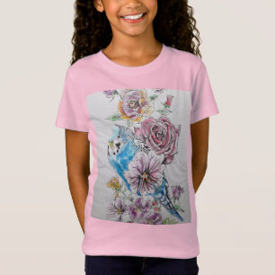 Blue Budgie & Röd ros-blommor Girls T Shirt