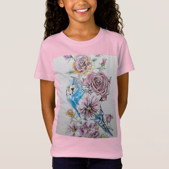 Blue Budgie & Röd ros-blommor Girls T Shirt (Framsida)