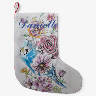 Blue Budgie Röd ros Flowers Blommigt Namn Stocking Liten Julstrumpa