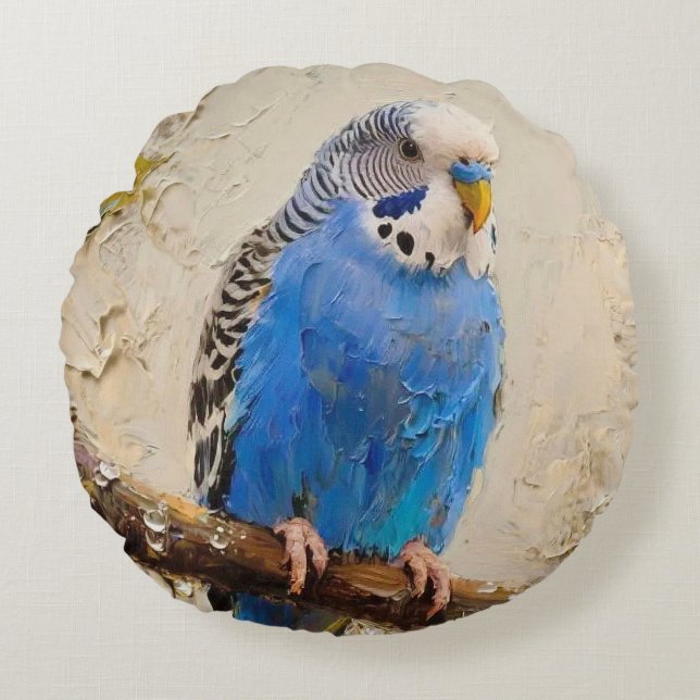 Blue Budgie Rund Kudde (Framsidan)