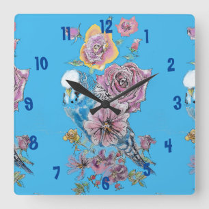 Blue Budgie Watercolor Azure Womans Office Clock Fyrkantig Klocka