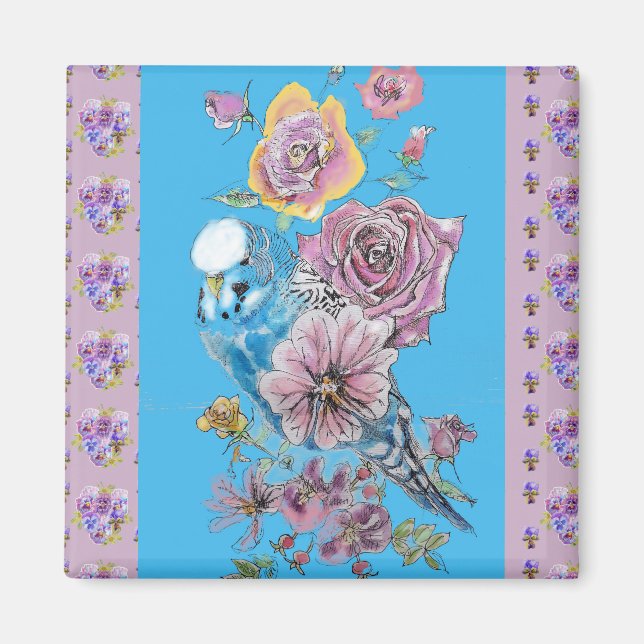 Blue Budgie Watercolor blommigt Dam Magnet (Framsidan)