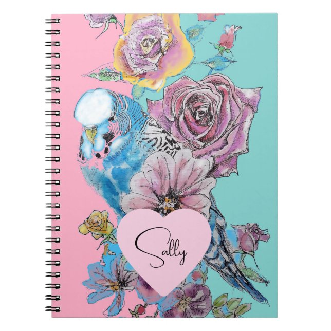 Blue Budgie Watercolor blommigt Girls Rosa Aqua Anteckningsbok (Framsidan)