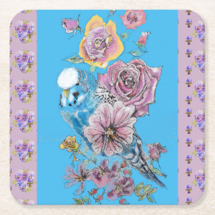 Blue Budgie Watercolor Lilac blommigt Papper Under Underlägg Papper Kvadrat