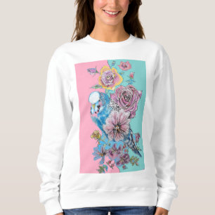 Blue Budgie Watercolor Röd ros blommigt art bird T Shirt