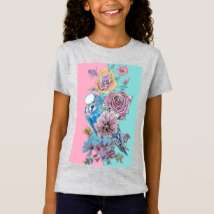 Blue Budgie Watercolor Röd ros blommigt art Girls T Shirt
