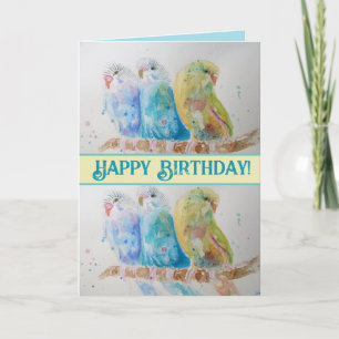 Blue Budgies Watercolor Grattis på födelsedagen Bu Kort