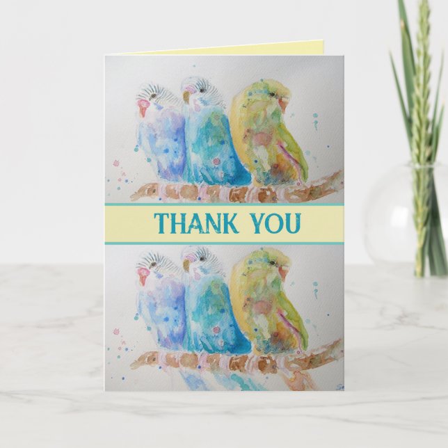 Blue Budgies Watercolor Tack Budgie Aqua Kort (Framsida)