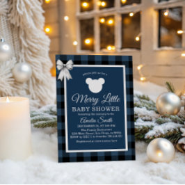 Blue Buffalo Plaid Merry Little Bear Baby Shower Inbjudningar