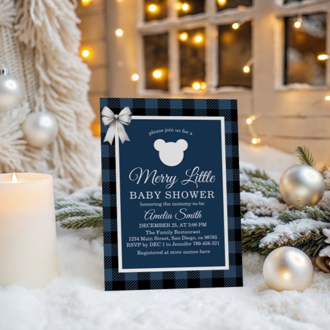 Blue Buffalo Plaid Merry Little Bear Baby Shower Inbjudningar (Skapare uppladdad)
