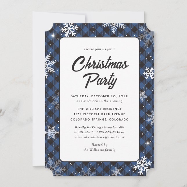 Blue Buffalo Plaid Snowflake Christmas Party Inbjudningar (Framsida)