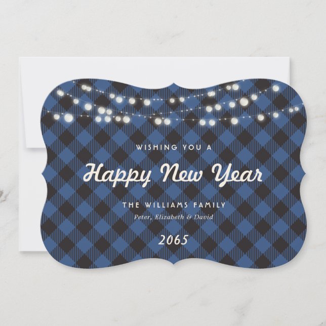 Blue Buffalo Plaid String Lights New Year Card Julkort (Framsida)