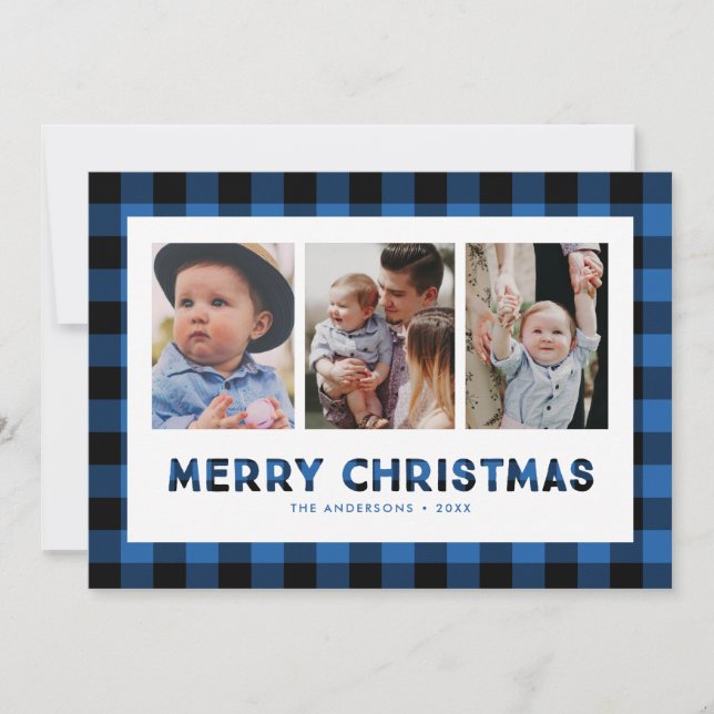 Blue Buffalo Plaid Triptych Jul Fotokort Julkort (Framsida)