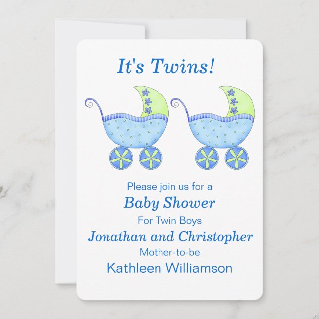 Blue Buggy Carriage Twin Boys Baby Shower Inbjudningar (Framsida)