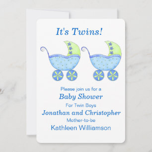 Blue Buggy Carriage Twin Boys Baby Shower Inbjudningar