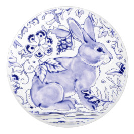 Blue Bunny Rabbit Blommigt Delft Dedham Ceramic pu Knopp