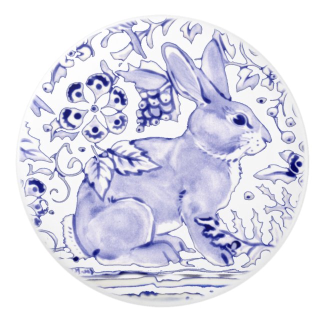 Blue Bunny Rabbit Blommigt Delft Dedham Ceramic pu Knopp (Framsidan)