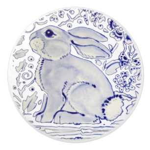 Blue Bunny Rabbit Blommigt Delft Dedham Ceramic pu Knopp
