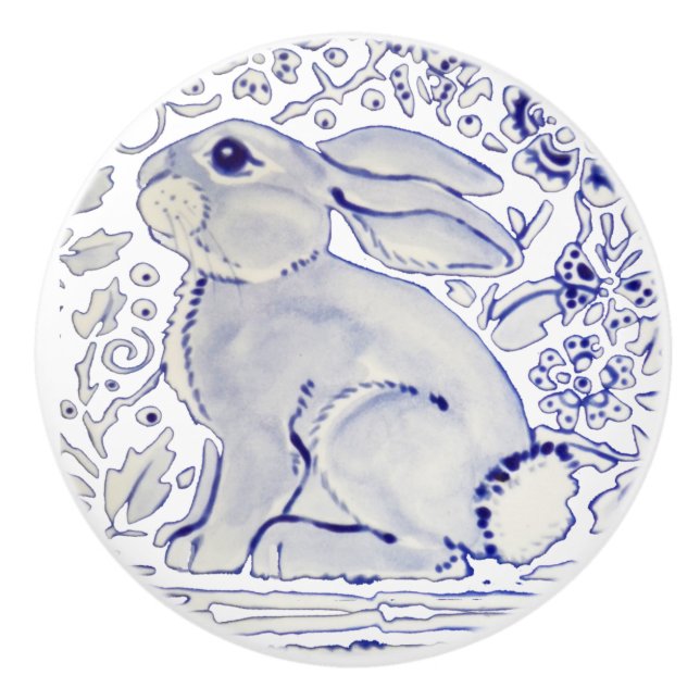 Blue Bunny Rabbit Blommigt Delft Dedham Ceramic pu Knopp (Framsidan)