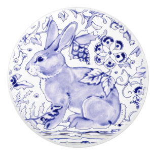 Blue Bunny Rabbit Blommigt Delft Dedham Ceramic pu Knopp