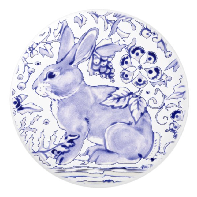 Blue Bunny Rabbit Blommigt Delft Dedham Ceramic pu Knopp (Framsidan)
