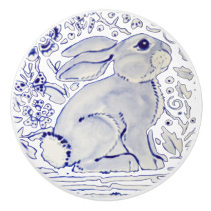 Blue Bunny Rabbit Blommigt Delft Dedham Ceramic pu Knopp