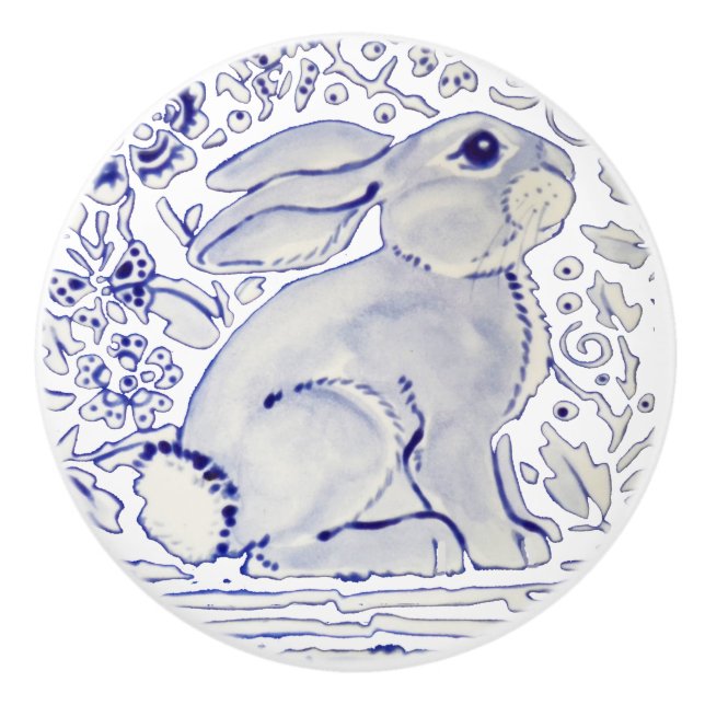 Blue Bunny Rabbit Blommigt Delft Dedham Ceramic pu Knopp (Framsidan)