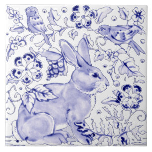 Blue Bunny Rabbit Farmhouse Delft Dedham Art Kakelplatta