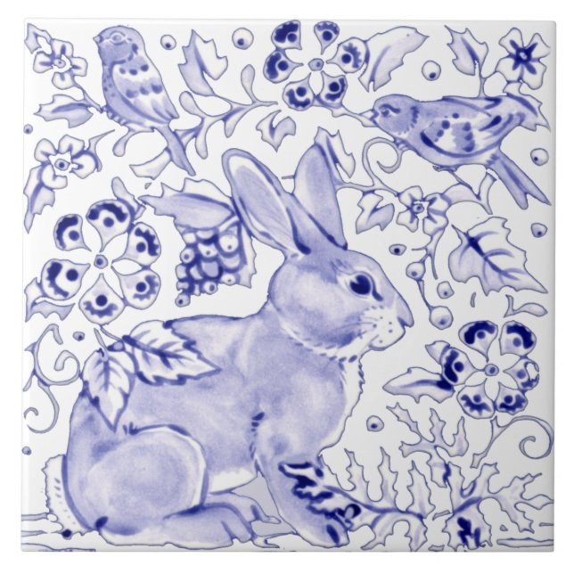 Blue Bunny Rabbit Farmhouse Delft Dedham Art Kakelplatta (Framsidan)