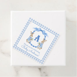 Blue Bunny Rabbit Gingham Monogram Vapensköld Gåvor Etiketter