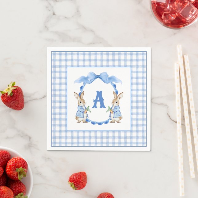 Blue Bunny Rabbit Gingham Monogram Vapensköld Pappersservett (Insitu)