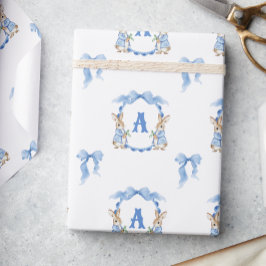 Blue Bunny Rabbit Gingham Monogram Vapensköld Presentpapper