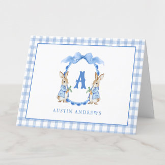 Blue Bunny Rabbit Gingham Monogram Vapensköld Tack Kort