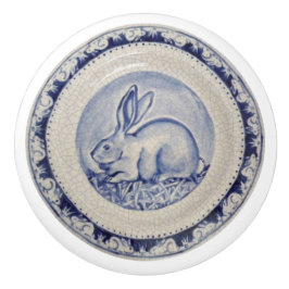 Blue Bunny Rabbit Plate Delft Dedham Ceramic pull Knopp