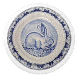Blue Bunny Rabbit Plate Delft Dedham Ceramic pull Knopp