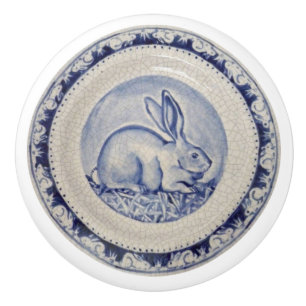 Blue Bunny Rabbit Plate Delft Dedham Ceramic pull Knopp
