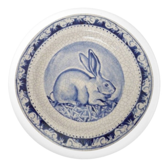 Blue Bunny Rabbit Plate Delft Dedham Ceramic pull Knopp (Framsidan)