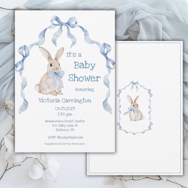 Blue Bunny Rabbit Ribbon Boy Baby Inbjudningar (Skapare uppladdad)