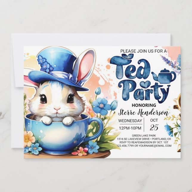 Blue Bunny Wonderland Tea Party Boy Shower Inbjudningar (Framsida)