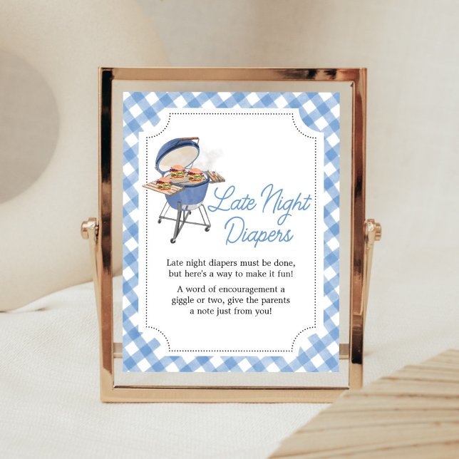 Blue Burger BBQ Baby Shower Late Natt Diables Poster (Boy Backyard BBQ Baby Shower Late Night Diapers Sign)