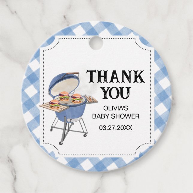 Blue Burger BBQ Baby Shower Round Gåvor Etiketter (Framsida)