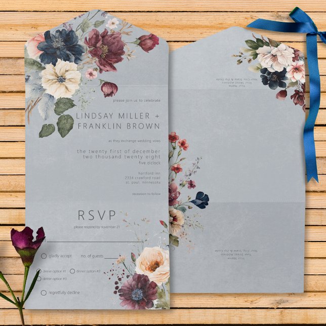 Blue Burgundy & Cream Rustic Blommigt Blue Dinner (Blue Burgundy & Cream Rustic Floral Blue All In One Wedding Invitation with Dinner Options)